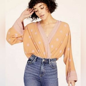 Free People Faux Wrap Open Back Long Sleeve Pink and Orange Body Suit size small